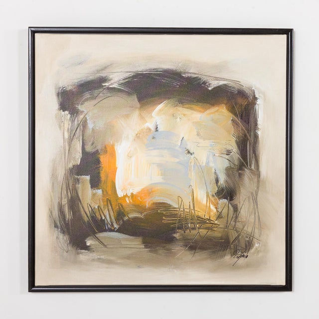 Acrylic on canvas. Square painting (70x70cm without frame) with a central composition. The palette is built around warm...