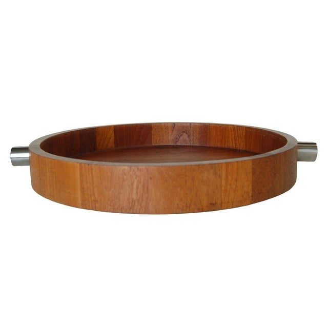 Mid Century Large 16" diameter "#6070" Teak Serving tray with machined Stainless Steel handles By Cobblewood Lundtofte...