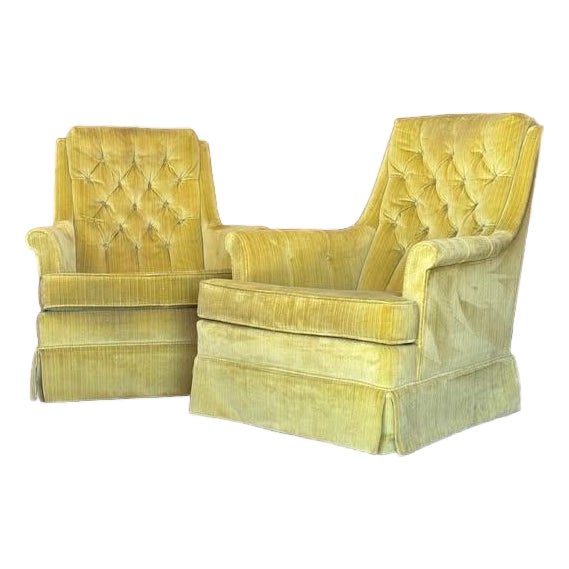 1960s Pair of Mid Century Chartreuse Green Cotton Velvet Swivel Arm Chairs With Tufted Seat Backs For Sale
