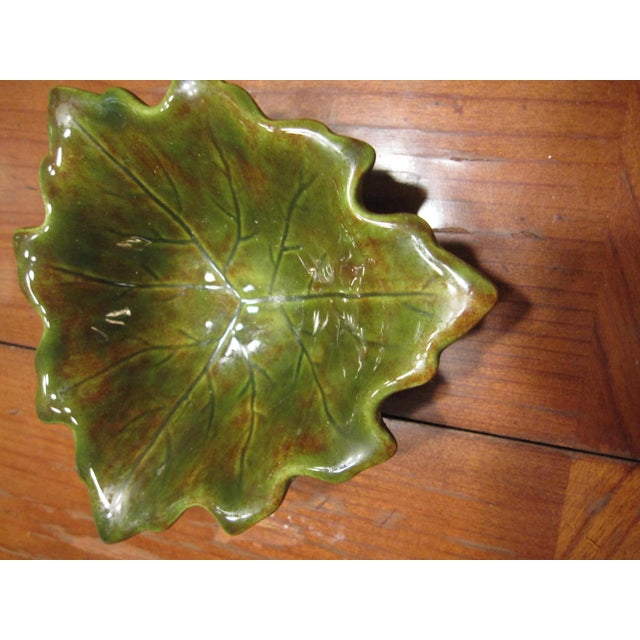 small mid-century ceramic green-leaf bowl, not marked, 5", has small chip on one edge and a few minor scratches.