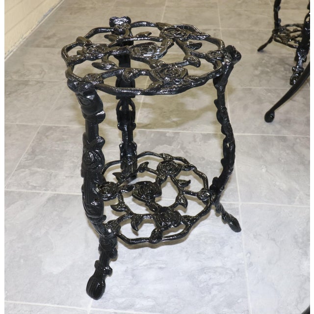Metal 1950s Rose-Pattern Cast Iron and Aluminum Garden Bistro Set With Two Plant Stands, 5 Pieces For Sale - Image 7 of 16
