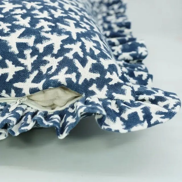 Fabdivine Handcrafted Block Print Frill Cushion Cover Blue 24x24 Inch Off-White Linen- Pushapak Viman For Sale - Image 4 of 5