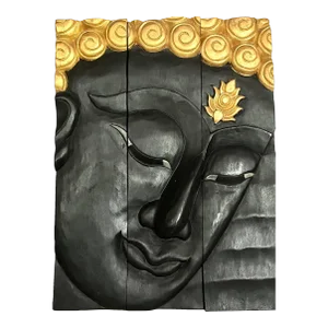 Vintage Carved Wood Hanging Panel of Buddha Ebonized and Gilt Wood.