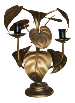 Vintage Mid Century Modern French Gilt Metal Anthurium Tommaso Barbi Style Table Lamp