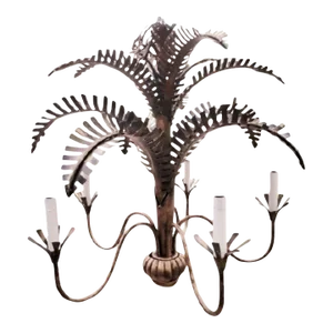 Vintage Currey & Co Hand Painted Iron 5 Light Palm Tree Palm Beach Regency Chandelier