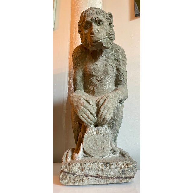 Pair of French Cast Stone Monkey Garden Statues, 23-Inch, Vintage For Sale - Image 4 of 12