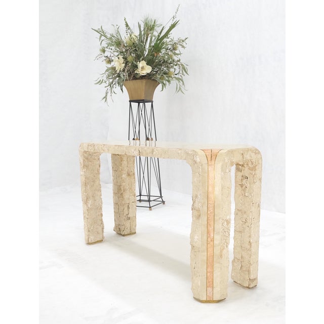 White Tesselated Stone Marble Brass Inlaid Console Sofa Entry Hall Table with Mirror - Set of 2 For Sale - Image 8 of 12