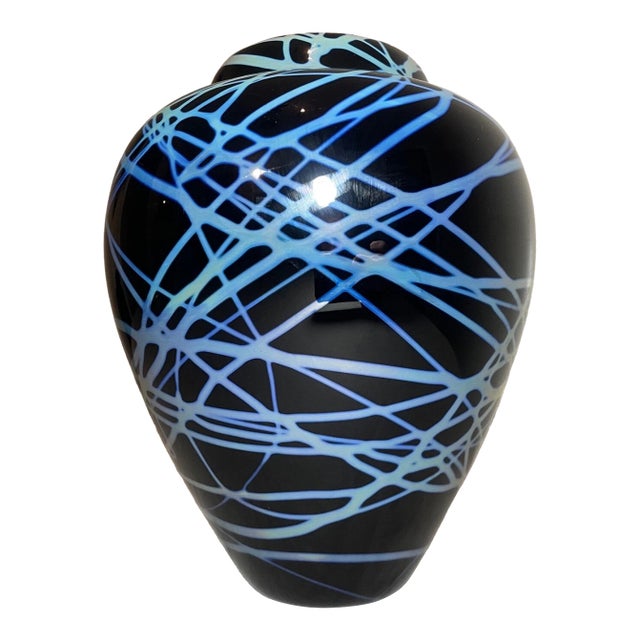 Large Vintage Hand Blown Signed Colin Stone 1985 Iridescent Opal Web Glass Vase For Sale