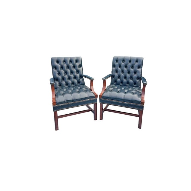 Chesterfield Tufted Blue Leather Arm Chairs A Pair. English Style With Brass Nailhead Accent's Pairs of beautiful chairs...