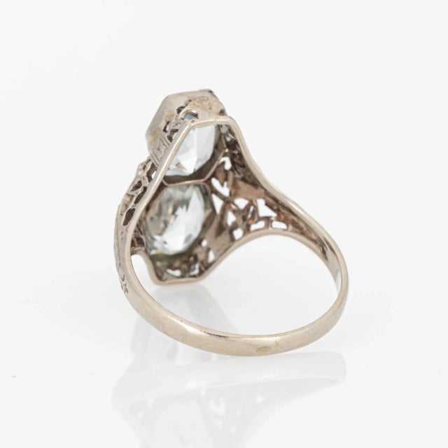 Early 20th Century Vintage Art Deco Double Aquamarine Ring Filigree 14k Gold Elongated Hexagon size 5.75 For Sale - Image 5 of 7