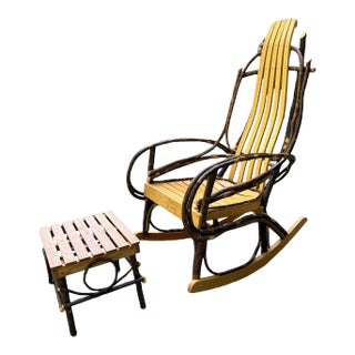 Amish Handcrafted Adirondack Bentwood Hickory and Oak Slat Rocker With Footstool - Set of 2 For Sale