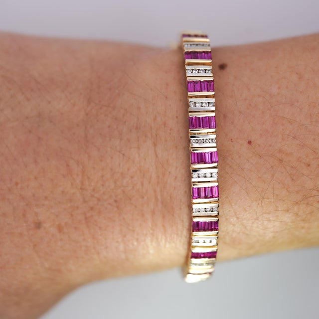 6 Carat Baguette-Cut Ruby & Diamond 14k Gold Link Bracelet For Sale - Image 9 of 9