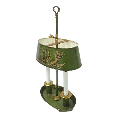 Antique French Empire style tole bouillote lamp with adjustable shade. Hand-painted harp, horn of plenty, and acanthus...