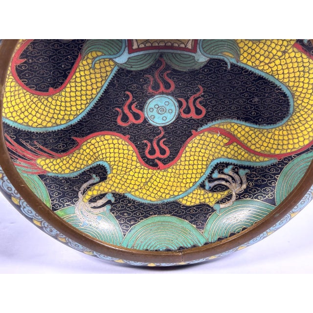 Chinese Antique Chinese Cloisonne Bowl: Dragon & Flaming Pearl Design For Sale - Image 3 of 10