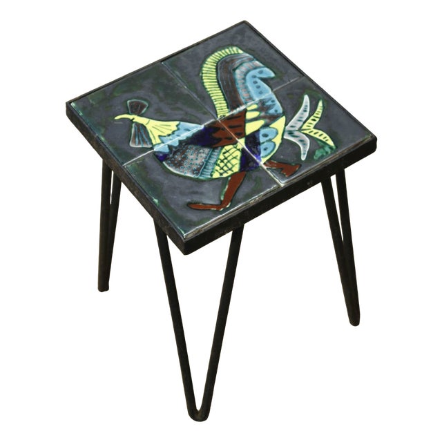 Wrought Iron & Ceramic Plant Holder with Rooster attributed to Gabriel Fourmaintraux, 1950s For Sale