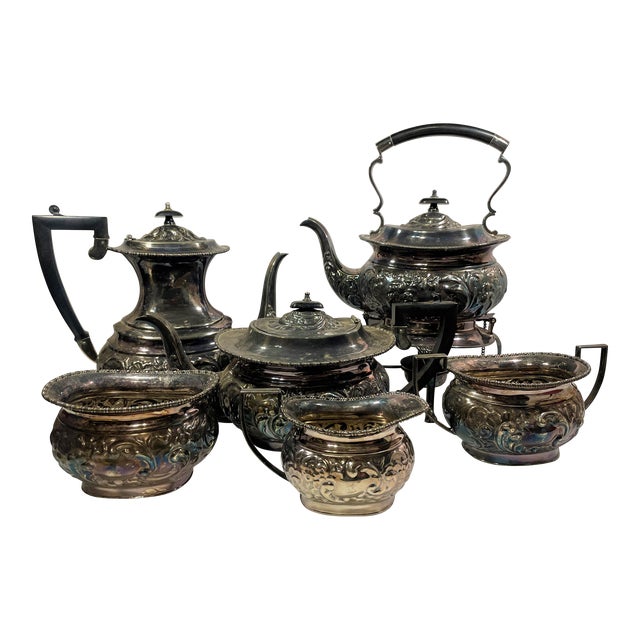Antique 6 Piece Kentshire Sheffield Silver Plated Tea Set Repousse Tilting 1900s For Sale