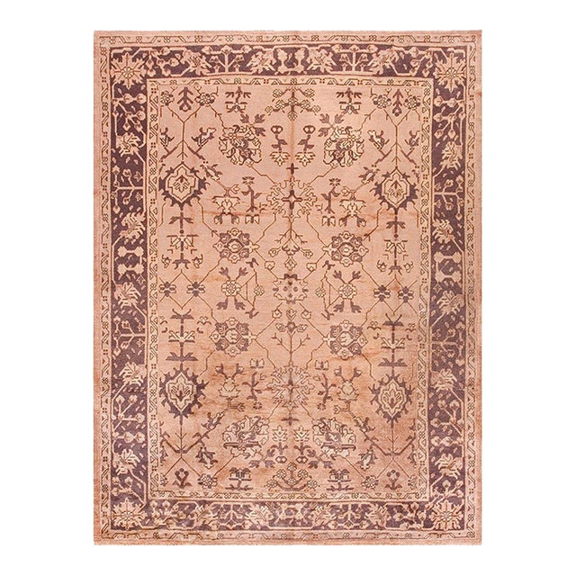 1920s Orange Peach Geometric Antique Turkish Oushak Rug 7' X 10' 4" Handknotted Wool Carpet For Sale