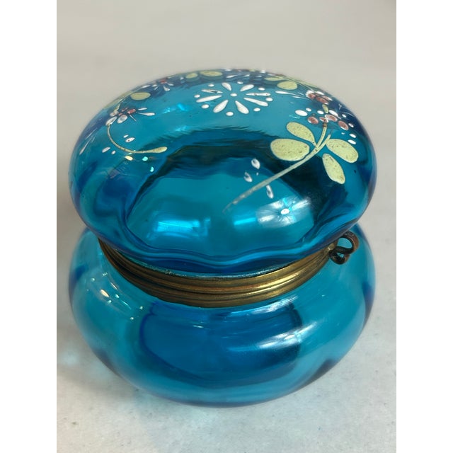 Antique Victorian Powder Jar Floral Painted Enamel Blue Glass Bohemian Attributed to Moser, unmarked. Brass Casket Style...