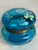 Antique Victorian Powder Jar Floral Painted Enamel Blue Glass Bohemian Attributed to Moser, unmarked. Brass Casket Style...