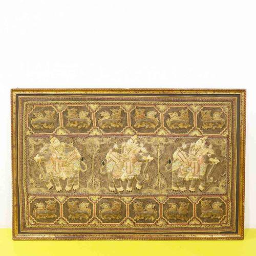 Burmese Kalaga Tapestry Embroidered with Elephants in a Golden Frame, 2000s For Sale - Image 9 of 9