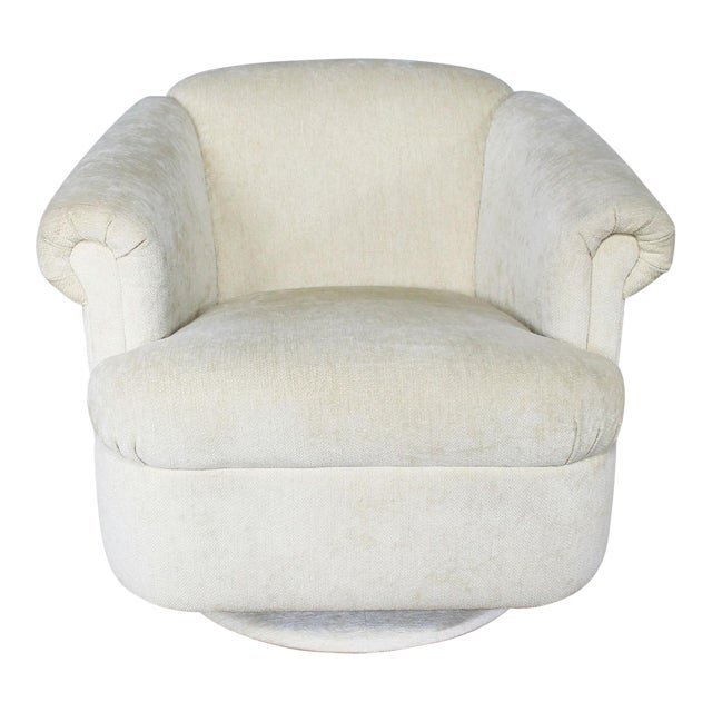 Barrel Shaped Off White Vintage Swivel Club Chair with Rolled Arms