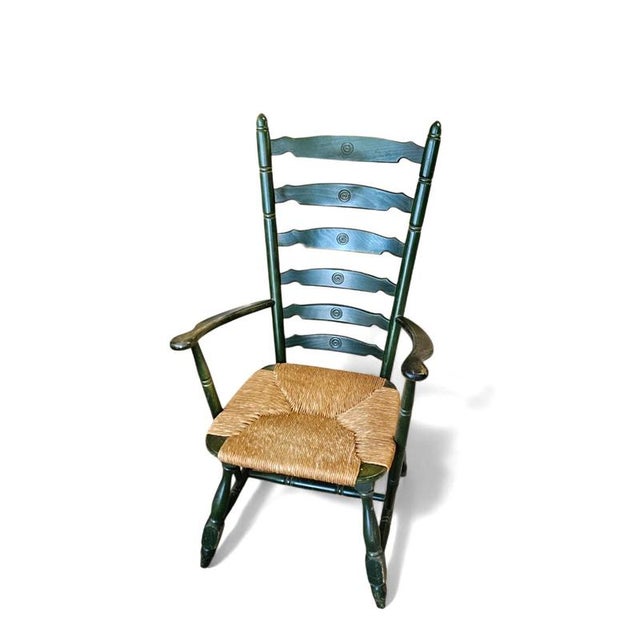 Vintage High Back Ladder Chair in Green Wood with Rush Seat For Sale - Image 13 of 15