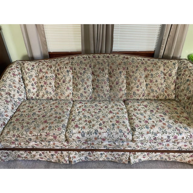 Vintage Traditional Floral Sofa With Exposed Wood Frame – Reupholstered For Sale - Image 10 of 12