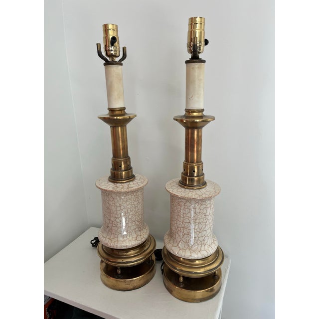 Stiffel Stiffel Mid-Century Modern Crackle Glazed Brass Table Lamps - A Pair For Sale - Image 4 of 11