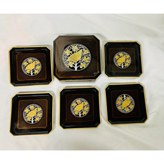Vintage Otagiri Japan Black and Gold Lacquered Golden Pheasant Coasters in Box For Sale - Image 13 of 13