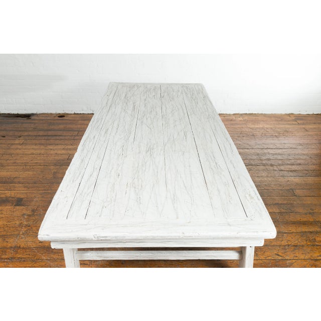 Chinese Vintage Whitewashed Coffee Table with Carved Spandrels and Stretchers For Sale - Image 9 of 11