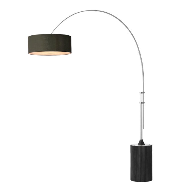 1980s Tambo 92"h 1-Light Arc Lamp, Black Linen Shade, Black Oak Base, Satin Nickel, Dimmable, for Living Room or Bedroom For Sale
