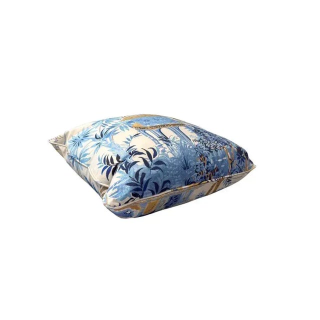 Metal Pair of 22'' Thibaut Chinoiserie-Inspired Blue & Gold Scenic Throw Pillows For Sale - Image 7 of 7