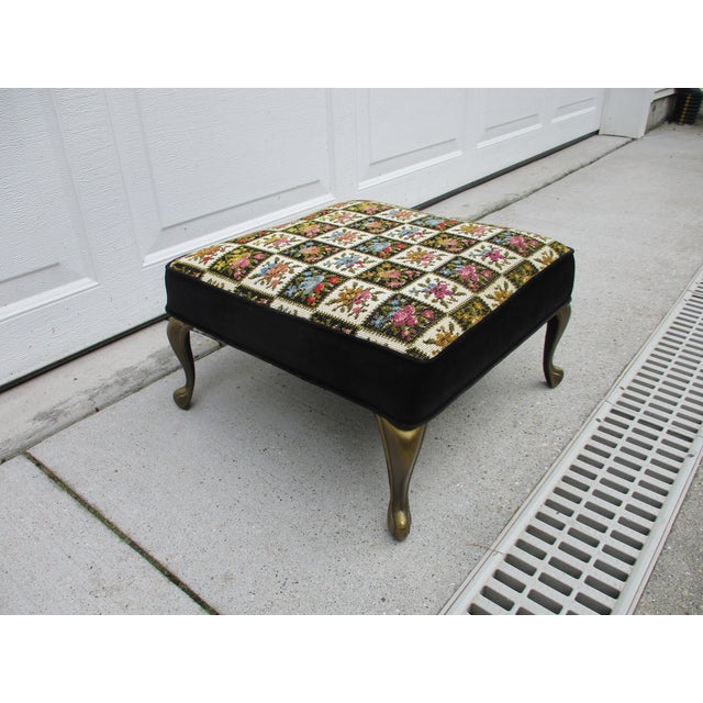 70's MidCentury Modern Black Velvet and Brass Footstool Chairish