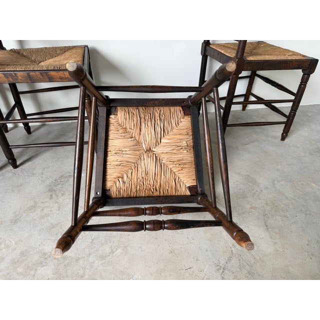 Vintage French Country Style Oak Ladder Back Rush Seat Dining Chairs – Set of 4 For Sale - Image 18 of 18