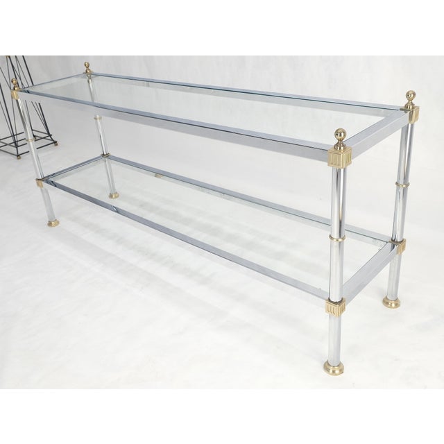 Two Tier Italian Glass Shelve Chrome 7 Brass 60" Console Sofa Table Finials MINT For Sale - Image 10 of 12