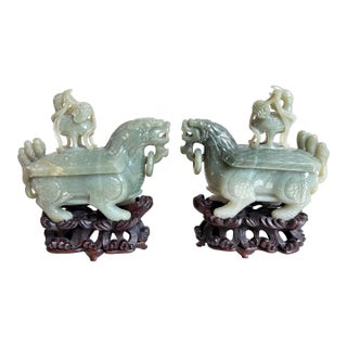 2 Antique Chinese Dragon Celadon Jade Vessels Custom Stands Qing Republic Era For Sale