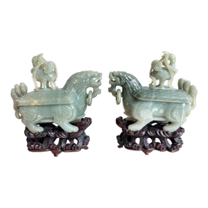 2 Antique Chinese Dragon Celadon Jade Vessels Custom Stands Qing Republic Era