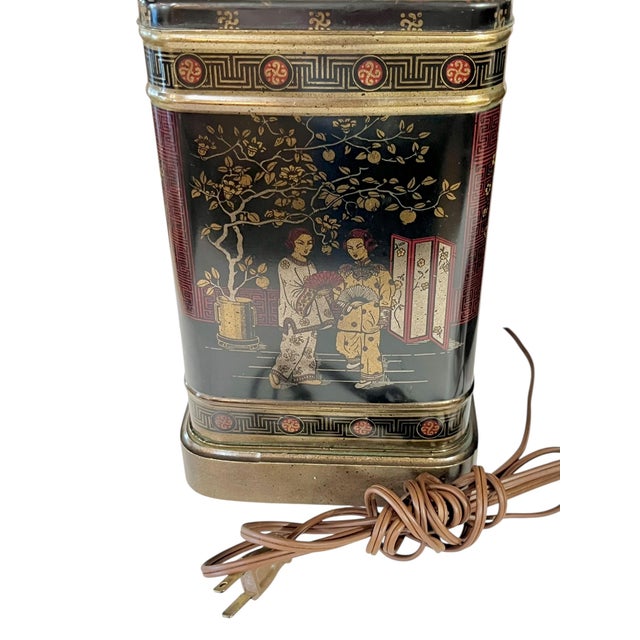 Mid 20th Century Mid 20th Century Pair Frederick Cooper Style Black Chinoiserie English Tin Tea Caddy Lamps With Original Shades For Sale - Image 5 of 18
