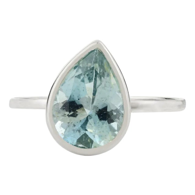 14k White Gold Pear Cut Aquamarine Ring Size 5.5 For Sale