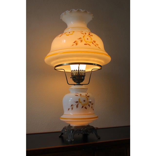 Vintage “Gone With the Wind” Milk Glass Dresser Lamp - Hand-Painted Florals, Brass Base For Sale In Naples, FL - Image 6 of 12