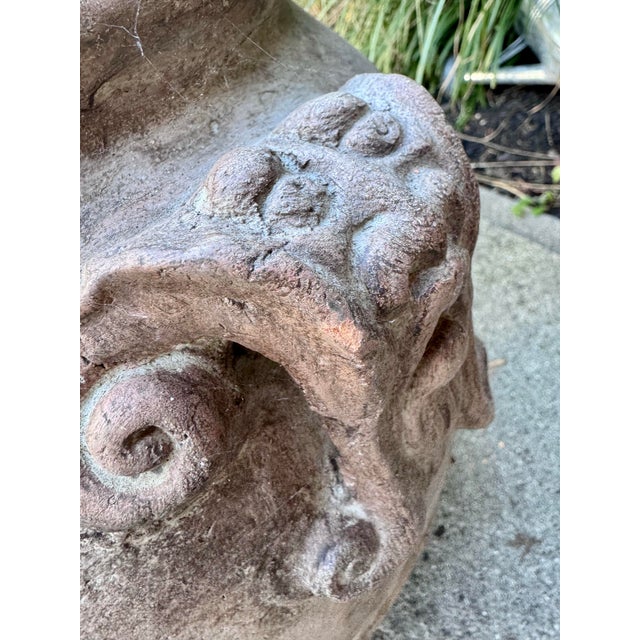 Ceramic Vintage Tuscan Style Terracotta Garden Urn With Mascaron Handles and Heraldic Crest For Sale - Image 7 of 9