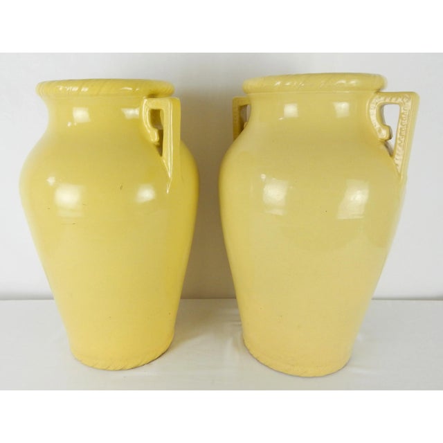 Pair of 1930s Art Deco Yellow Glazed Stoneware Urns, Attributed to Robinson Ransbottom For Sale - Image 9 of 12