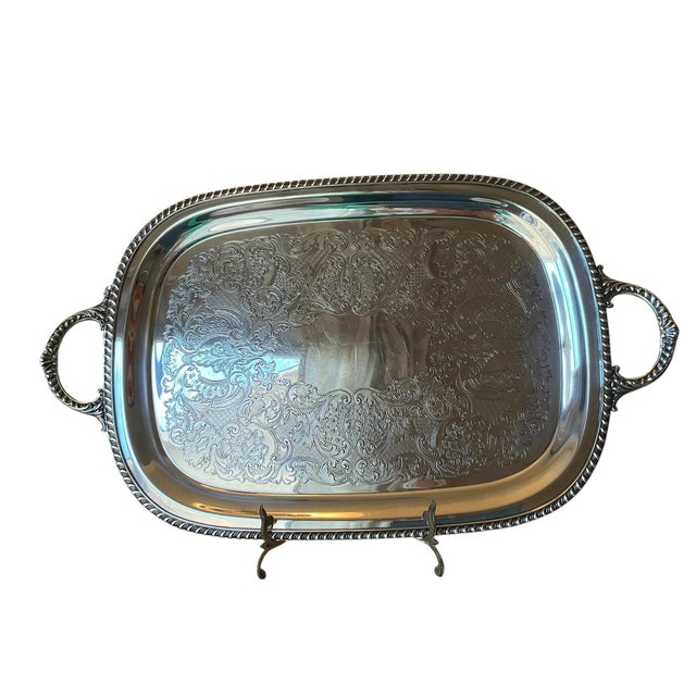 Mid 20th Century Mid Century Wallace Silverplate Engraved Serving Tray With Handles, 23.5” For Sale - Image 5 of 16