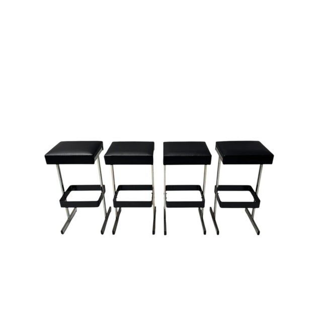 1970s Mid-Century Modern Bar Stools with Black Leather Seats, 1970s, Set of 4 For Sale - Image 5 of 14