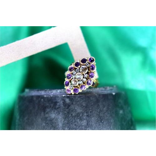 Metal Gold Ring with Rose Cut Diamonds and Violet Amethysts For Sale - Image 7 of 9