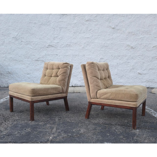 This is an all original pair of Mid Century slipper style lounge chairs attributed to Harvey Probber, however unmarked....