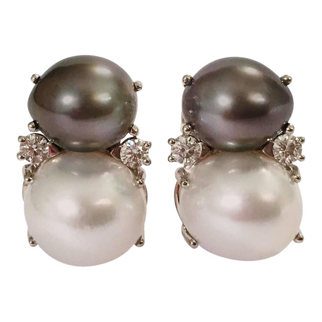 Christina Addison Large Gum Drop Earrings With South Sea Pearls and Diamonds For Sale