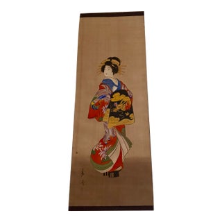 Mid 20th Century Japanese Woodblock Print Scroll Depicting a Standing Beauty For Sale
