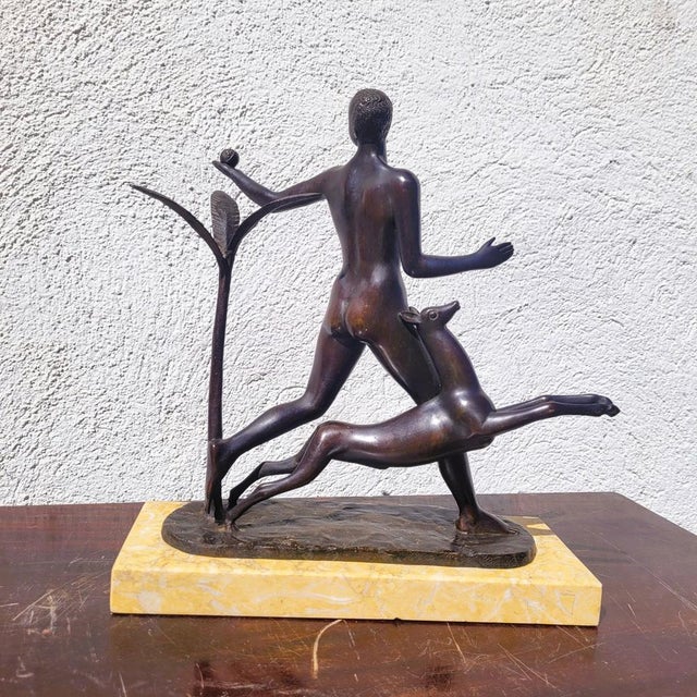 20th Century Man with Antelope in Bronze and Marble For Sale - Image 11 of 18