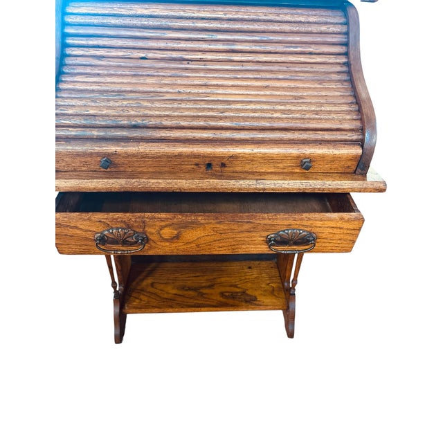 Victorian Antique Victorian Child’s Oak Roll Top Desk With Chair, Circa 1900 For Sale - Image 3 of 11